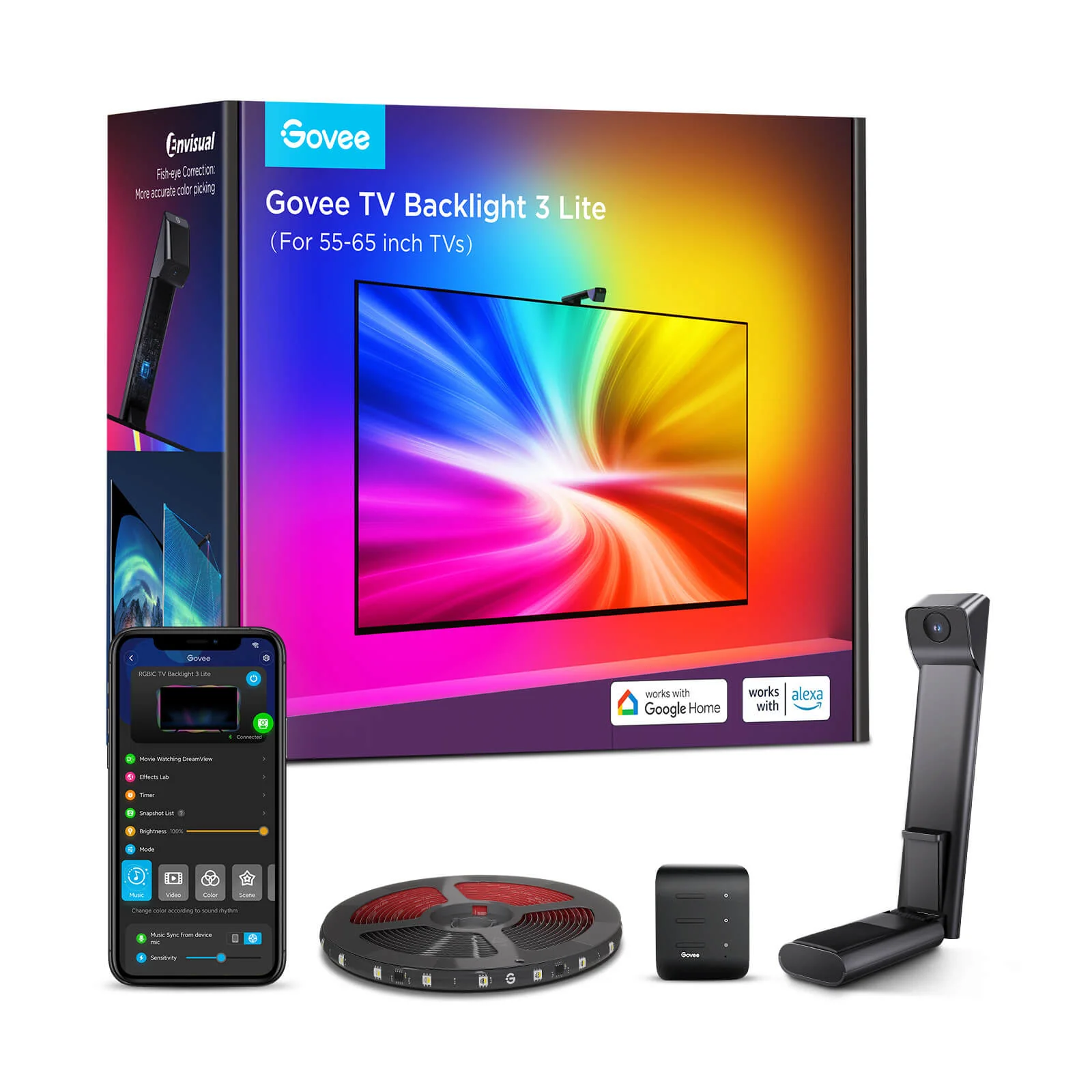 Electro zone - Banda LED Govee TV Backlight 3 Lite, H6099, Wi-Fi + Bluetooth, RGBICW, Camera, 55-65 inch, Fisheye Correction