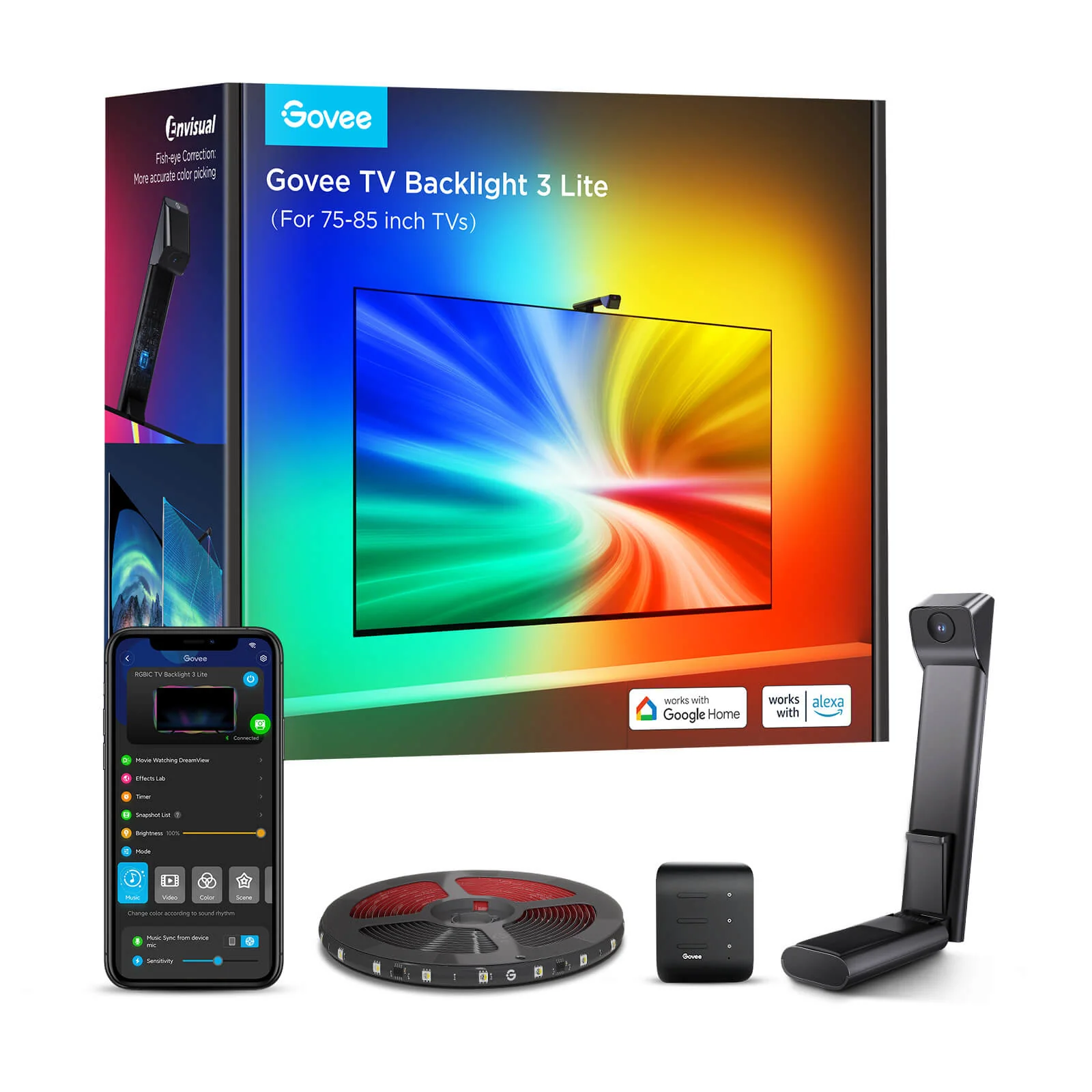 Kit banda LED / banda LED - Banda LED Govee TV Backlight 3 Lite, H6099, Wi-Fi + Bluetooth, RGBICW, Camera, 75-85 inch, Fisheye Correction