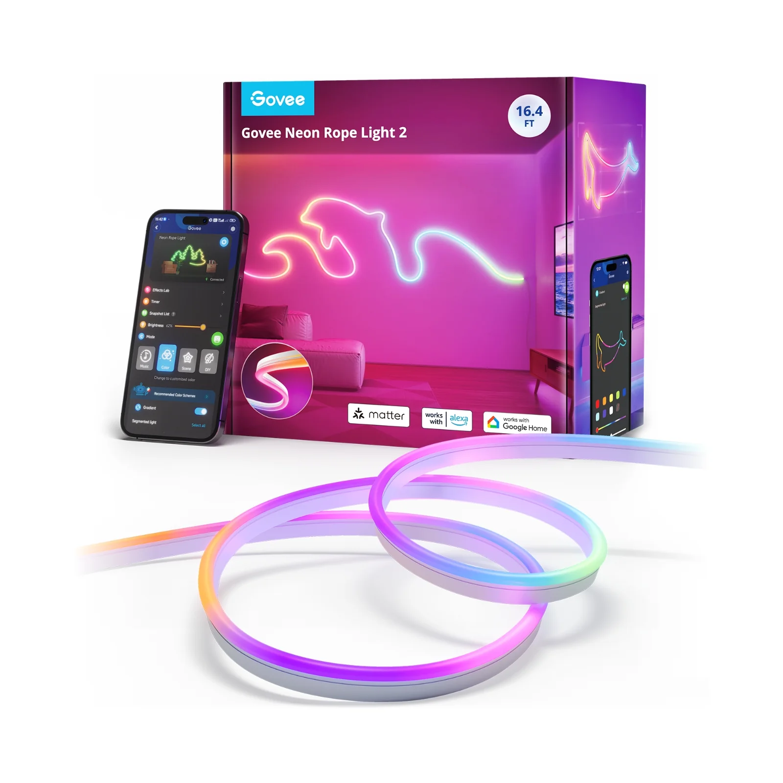 Casa si Gospodarie - Banda LED Neon Govee H61D5 RGBIC, Inteligenta, 5m, Sincronizare Muzica, Matter, Wifi, Alexa, Google Asistant