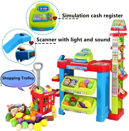 Set de Cumparaturi Tip Supermarket Rovo 85 pentru Copii, Jucarie Interactiva, Scanner, Casa de marcat, Cos de cumparaturi, Lumini, Sunete, Inaltime 80 cm [6]