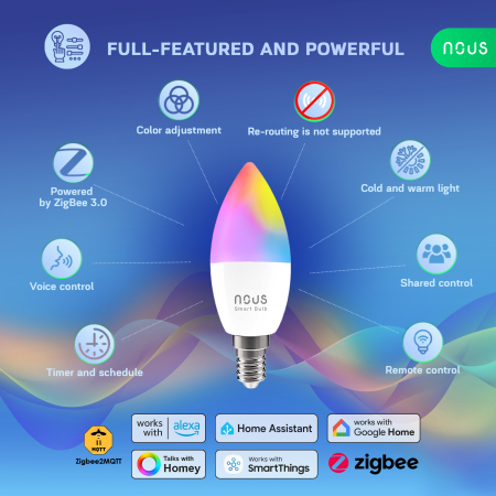 Set 3 Becuri LED Smart NOUS P4Z, ZigBee 3.0, E14, RGB, 16 Milioane de Culori, Lumina Reglabila 2700-6500K, 4.9W, 450 lm, Compatibile Amazon Alexa si Google Home [1]
