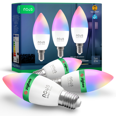 Produse Smart - Set 3 Becuri LED Smart NOUS P4Z, ZigBee 3.0, E14, RGB, 16 Milioane de Culori, Lumina Reglabila 2700-6500K, 4.9W, 450 lm, Compatibile Amazon Alexa si Google Home
