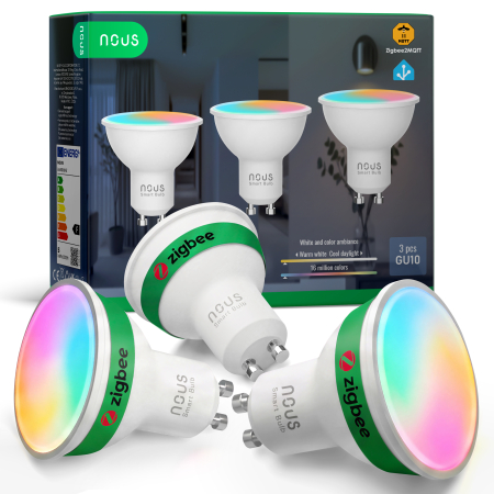 Produse Smart - Set 3 Becuri LED Smart NOUS P8Z, ZigBee 3.0, GU10, RGB, 16 Milioane de Culori, Lumina Reglabila 2700-6500K, 4.9W, 420 lm, Compatibile Amazon Alexa si Google Home
