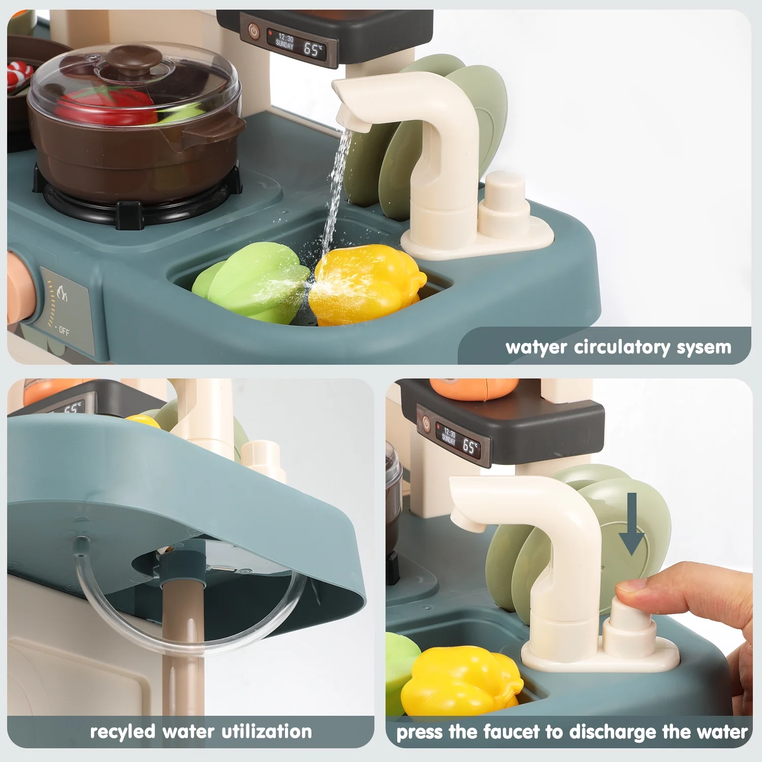 Bucatarie copii, Rovo 187, aragaz de jucarie, chiuveta cu circuit de apa, aragaz aburi, sunete, lumini, frigider, fructe, legume, multiple accesorii, 42 de piese - Resigilat [10]