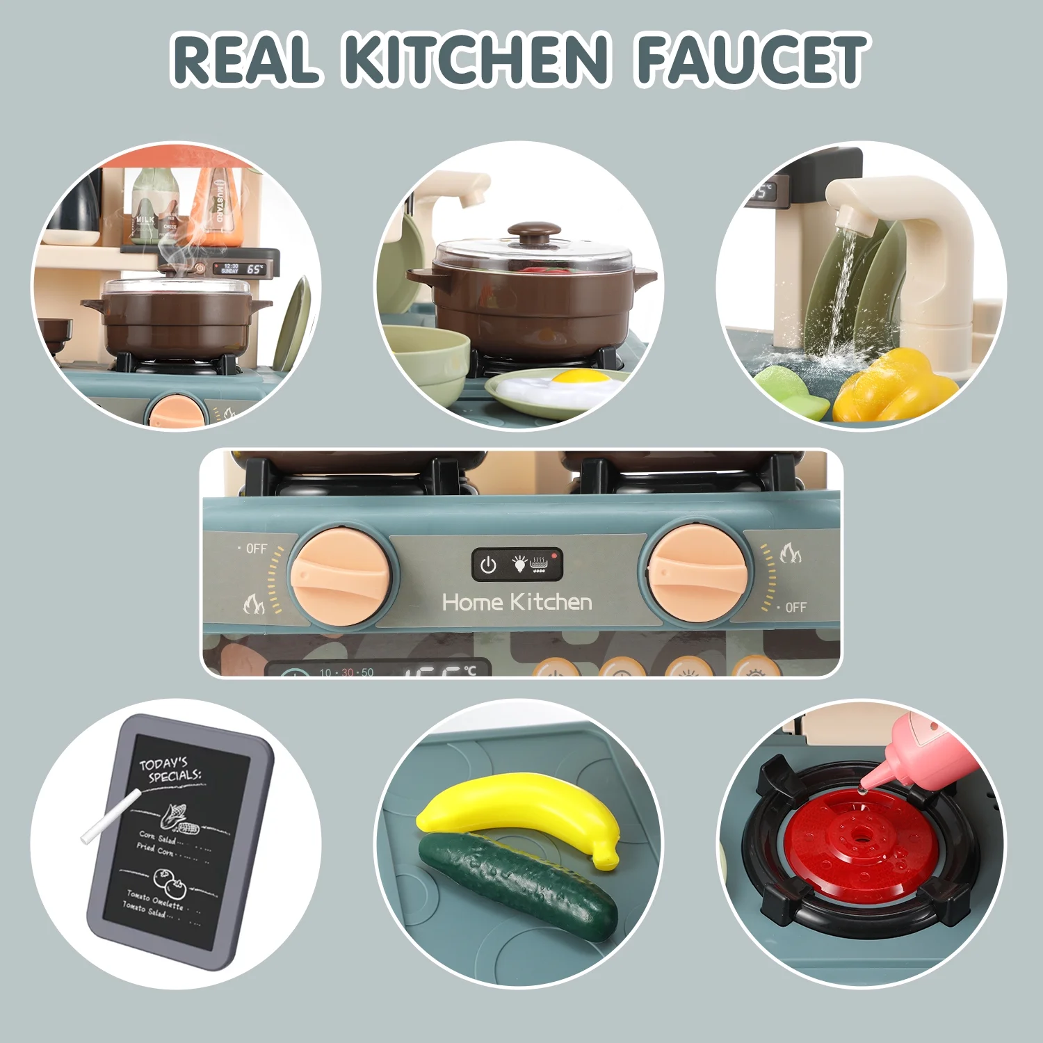 Bucatarie copii, Rovo 187, aragaz de jucarie, chiuveta cu circuit de apa, aragaz aburi, sunete, lumini, frigider, fructe, legume, multiple accesorii, 42 de piese - Resigilat [2]