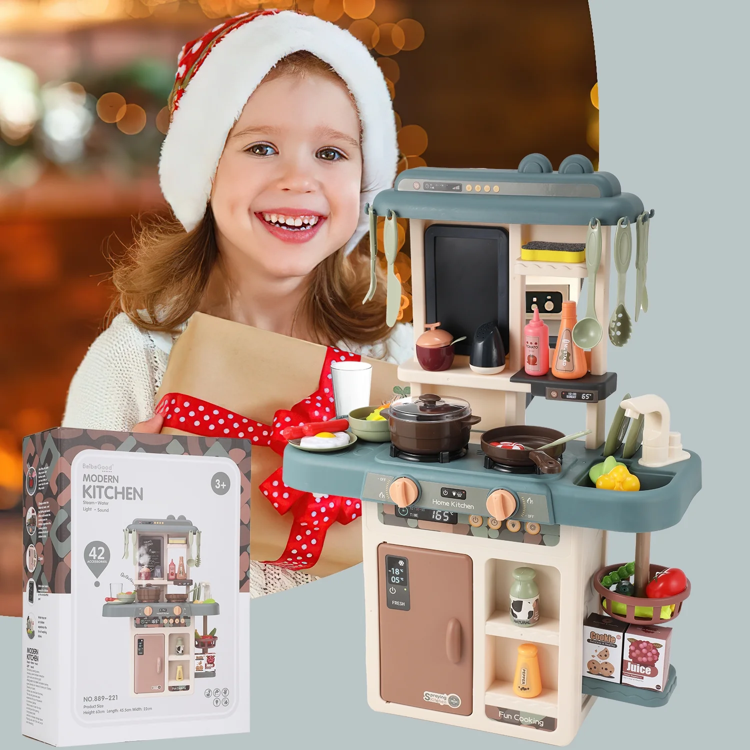 Bucatarie copii, Rovo 187, aragaz de jucarie, chiuveta cu circuit de apa, aragaz aburi, sunete, lumini, frigider, fructe, legume, multiple accesorii, 42 de piese - Resigilat [11]