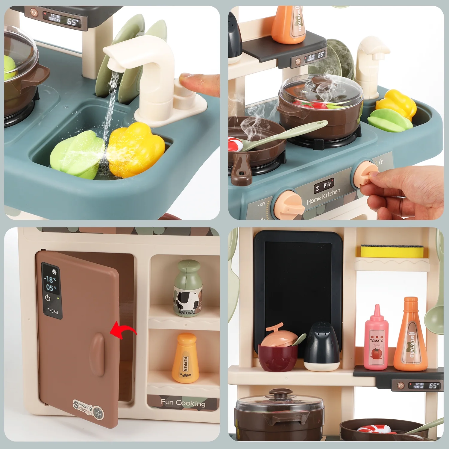 Bucatarie copii, Rovo 187, aragaz de jucarie, chiuveta cu circuit de apa, aragaz aburi, sunete, lumini, frigider, fructe, legume, multiple accesorii, 42 de piese - Resigilat [1]