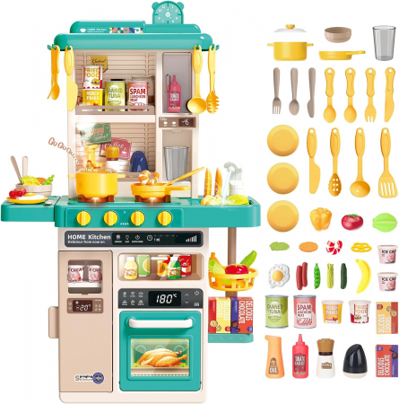 Jucarii Copii - Bucatarie copii, Rovo 277, aragaz de jucarie, chiuveta cu circuit de apa, aragaz aburi, sunete, lumini, frigider, cuptor, fructe, legume, multiple accesorii, 50 de piese