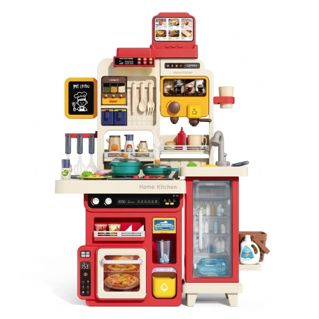 Jucarii Copii - Bucatarie copii, Rovo 8827F, aragaz de jucarie, chiuveta cu circuit de apa, aragaz aburi, sunete, lumini, frigider, fructe, legume, multiple accesorii, 78 de piese