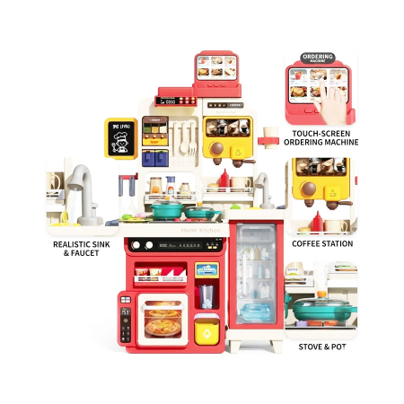Bucatarie copii, Rovo 8827F, aragaz de jucarie, chiuveta cu circuit de apa, aragaz aburi, sunete, lumini, frigider, fructe, legume, multiple accesorii, 78 de piese [1]