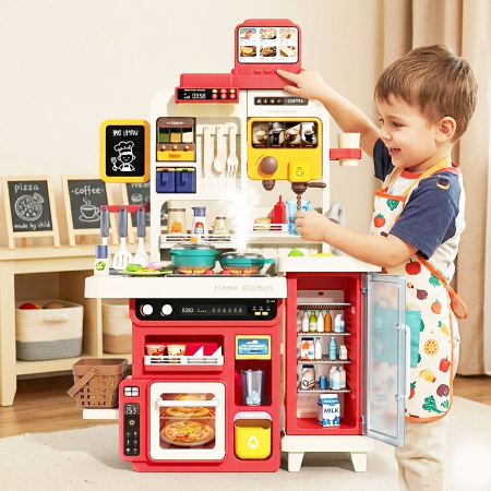 Bucatarie pentru copii, Rovo 8827F, aragaz de jucarie, chiuveta cu circuit de apa, aragaz aburi, sunete, lumini, frigider, fructe, legume, multiple accesorii, 78 de piese [4]