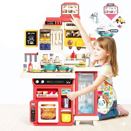 Bucatarie pentru copii, Rovo 8827F, aragaz de jucarie, chiuveta cu circuit de apa, aragaz aburi, sunete, lumini, frigider, fructe, legume, multiple accesorii, 78 de piese [6]