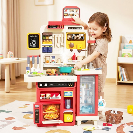 Bucatarie pentru copii, Rovo 8827F, aragaz de jucarie, chiuveta cu circuit de apa, aragaz aburi, sunete, lumini, frigider, fructe, legume, multiple accesorii, 78 de piese [5]