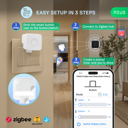 Buton Smart Wireless NOUS C2 Zigbee, dispozitiv automat de apasare butoane, control aplicatie, compatibil Alexa/Google Assistant [4]
