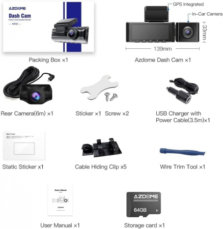 Camera auto DVR AZDOME M550 MAX, Tripla, 4K, WiFi, GPS, Unghi 170°, WDR, G-Sensor, Mod parcare, Card 64Gb inclus [10]