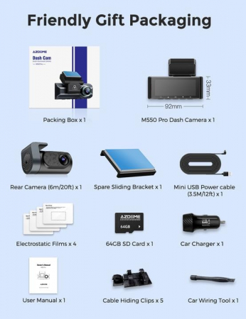 Camera auto DVR AZDOME M550Pro, Dubla, 4K, WiFi, GPS ,5GHz, WDR, G-Sensor, Mod parcare, Card 64Gb inclus [6]