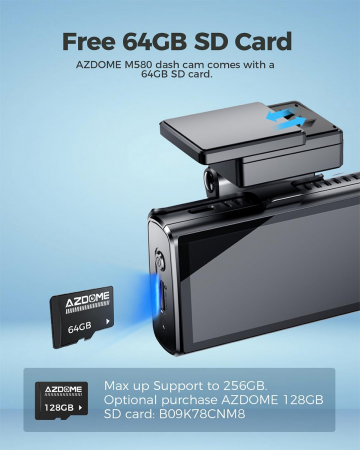 Camera auto DVR AZDOME M580-2CH, Dubla, 5K, 5GHz WiFi, GPS ,5GHz, WDR, G-Sensor, Mod parcare, Card 64Gb inclus [6]
