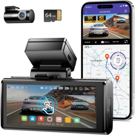 Casa si Gospodarie - Camera auto DVR AZDOME M580-2CH, Dubla, 5K, 5GHz WiFi, GPS ,5GHz, WDR, G-Sensor, Mod parcare, Card 64Gb inclus