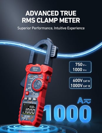 Clampmetru (cleste ampermetric) Multimetru digital AstroAI CM600, 6000 Counts, 1000A TRMS, Auto-ranging, Masoara Tensiunea, curentul AC/DC, rezistența, capacitatea, frecvența, continuitatea, testarea [1]