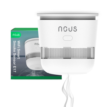Produse Smart - Detector de fum Smart NOUS E17, Wi-Fi 2.4 GHz, senzor fotoelectric, alarma sonora 85 dB, notificari pe telefon, compatibil Alexa si Google Assistant, alb
