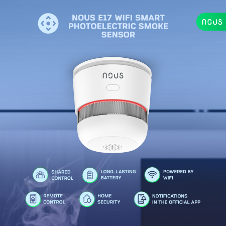 Detector de fum Smart NOUS E17, Wi-Fi 2.4 GHz, senzor fotoelectric, alarma sonora 85 dB, notificari pe telefon, compatibil Alexa si Google Assistant, alb [1]