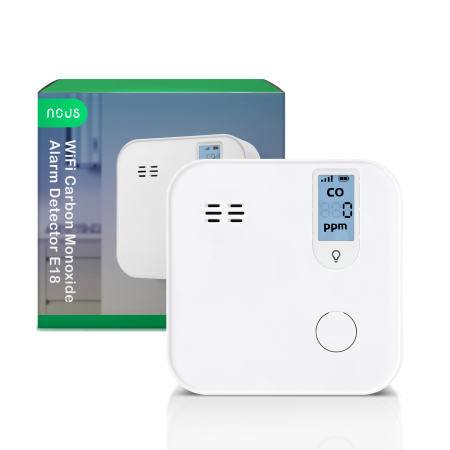 Produse Smart - Detector de monoxid de carbon Smart NOUS E18, Wi-Fi 2.4 GHz, ecran LCD, alarma sonora 85 dB, notificari pe telefon, compatibil Alexa si Google Assistant, alb