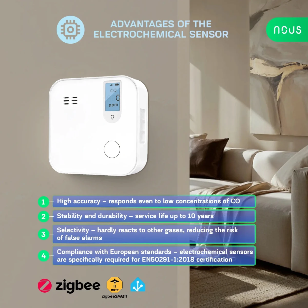 Detector Smart Monoxid de Carbon NOUS E12 Zigbee, Senzor Electrochimic, Alarma ≥85 dB, Monitorizare CO (ppm), Zigbee 3.0, Montaj pe perete [2]