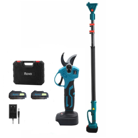 Unelte Gradina - Set Foarfeca electrica pentru gradina Rovo RV-FE, brat telescopic 2.5m, motor brushless, 2 acumulatori 2000mAh, 800W, valiza de transport