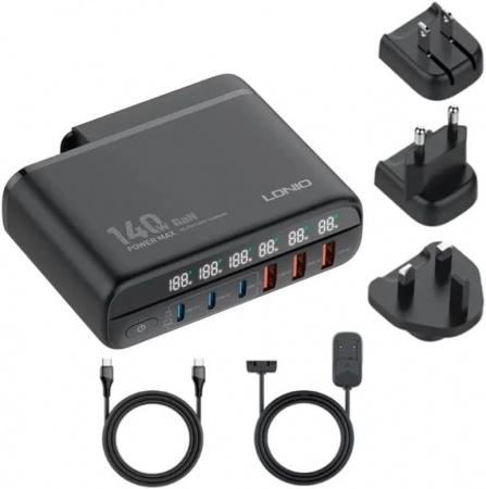 Incarcator Retea 140W GaN LINDO A6140C, Incarcare rapida, 3xUSB-A, 3XUSB-C, Compatibil EU/UK/US QC5.0 PPS PD pentru, MacBook, iPad, iPhone 16 15 [6]