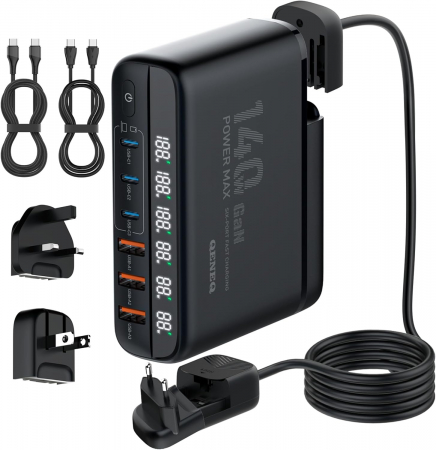 Accesorii Telefoane - Incarcator Retea 140W GaN LINDO A6140C, Incarcare rapida, 3xUSB-A, 3XUSB-C, Compatibil EU/UK/US QC5.0 PPS PD pentru, MacBook, iPad, iPhone 16 15