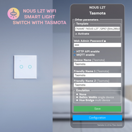 Intrerupator Inteligent Nous L2T Wifi, Tasmota, Touch, 2 canale [6]
