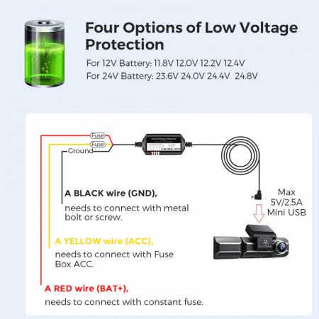 Kit cablu alimentare si monitorizare miscare pentru AZDOME JYX02, 12/24V To 5V/2.5A Mini USB [2]