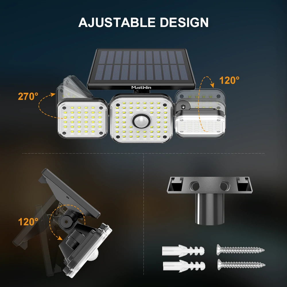 Lampa solara de perete MustWin, 1000lm, LED, 112 leduri,3 moduri, incarcare solara si senzor de miscare, [6]