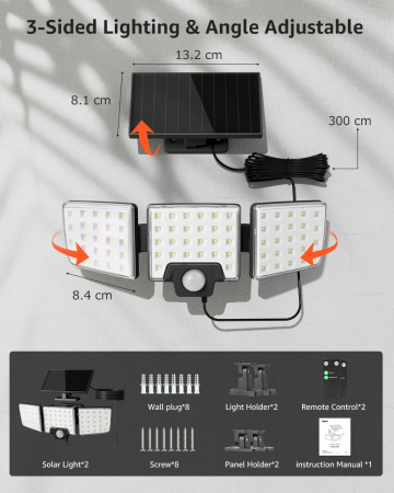 Lampa solara LED de perete Lepro PR640005.  1000lm, LED, Telecomanda, 3 panouri, 2 moduri, senzor de miscare [5]