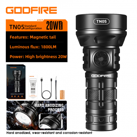 Lanterne LED - Lanterna LED  Godfire TN05, 20W, 1600lm, 362m, IP55, magnet, USB-C, 5 moduri, Lumina de urgenta