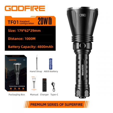 Corpuri Iluminat - Lanterna tactica LED Godfire TF01 cu fascicul lung pana la 1000m, 1371lm, aliaj aluminiu, 4800mAh, 245g, 5 moduri
