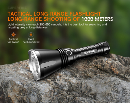 Lanterna tactica LED Godfire TF01 cu fascicul lung pana la 1000m, 1371lm, aliaj aluminiu, 4800mAh, 245g, 5 moduri [4]