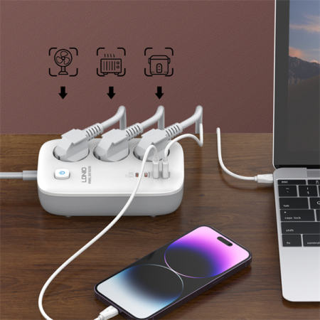 Prelungitor LDNIO SE3436, 3 prize, 2 X USB-A, 2X USB-C, 65W, 2m [3]