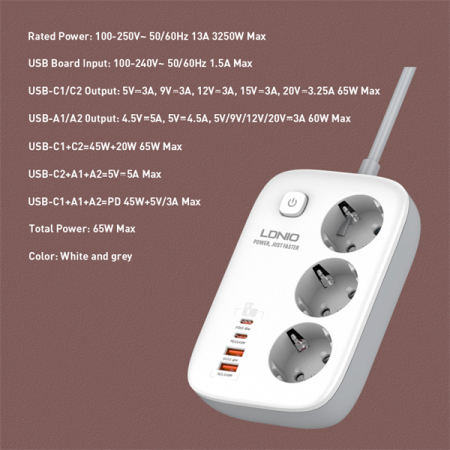 Prelungitor LDNIO SE3436, 3 prize, 2 X USB-A, 2X USB-C, 65W, 2m [4]