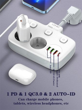 Prelungitor LDNIO SE2435, 2 prize, 3 X USB-A, 1X USB-C, incarcare rapida QC 3.0, 10A [3]