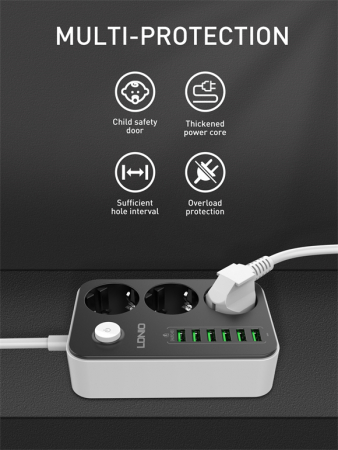 Prelungitor LDNIO SE3631, 3 prize, 6 X USB-A, 17W, 2m [6]