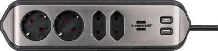 Prelungitor pentru perete/colt Brennenstuhl Estilo 4 prize, 2 USB, 3.1 A, 2m Inox, Adeziv inclus, Argintiu-Negru [4]