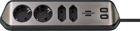 Prelungitoare - Prelungitor pentru perete/colt Brennenstuhl Estilo 4 prize, 2 USB, 3.1 A, 2m Inox, Adeziv inclus, Argintiu-Negru