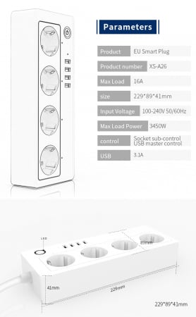 Prelungitor Smart Rovo A26, Wifi, 16A, 4 Prize Individuale, 4 USB Tuya, Alexa, Google Assistant, [8]
