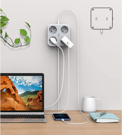 Prelungitor Tessan TS-302-C, 4 prize, 2 X USB-A, 1X USB-C, 3A, cablu 2m [4]