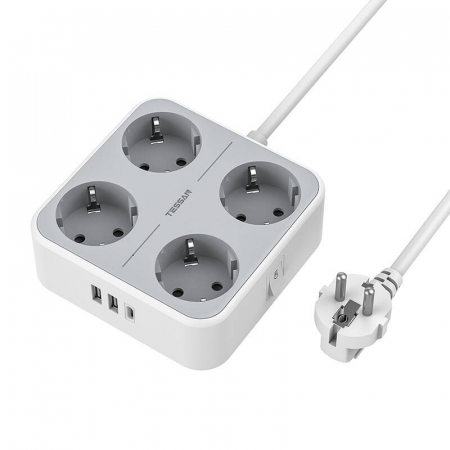 Casa si Gospodarie - Prelungitor Tessan TS-302-C, 4 prize, 2 X USB-A, 1X USB-C, 3A, cablu 2m