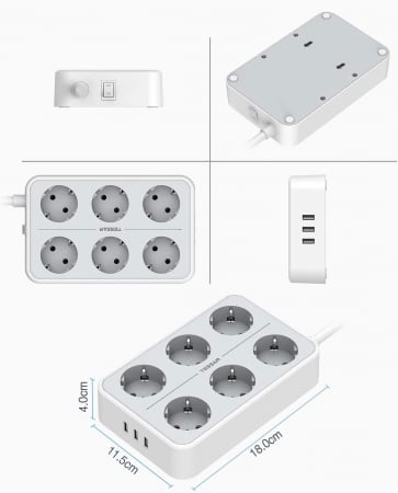 Prelungitor Tessan TS-303, 6 prize, 3 USB 3A, cablu 2m [6]