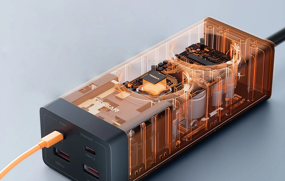 Prelungitor Tessan ‎TS-FS01DE, 2X USB-C, 2x USB, 2 prize, incarcare rapida USB-C, 30W, 2m, negru [4]