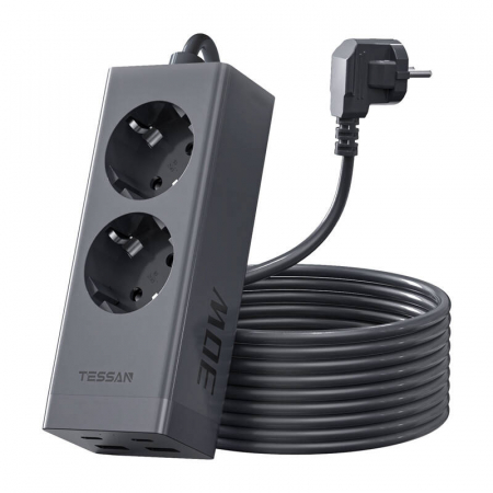 Prelungitor Tessan ‎TS-FS01DE, 2X USB-C, 2x USB, 2 prize, incarcare rapida USB-C, 30W, 2m, negru [1]