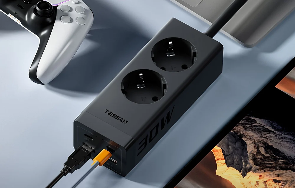 Prelungitor Tessan ‎TS-FS01DE, 2X USB-C, 2x USB, 2 prize, incarcare rapida USB-C, 30W, 2m, negru [2]